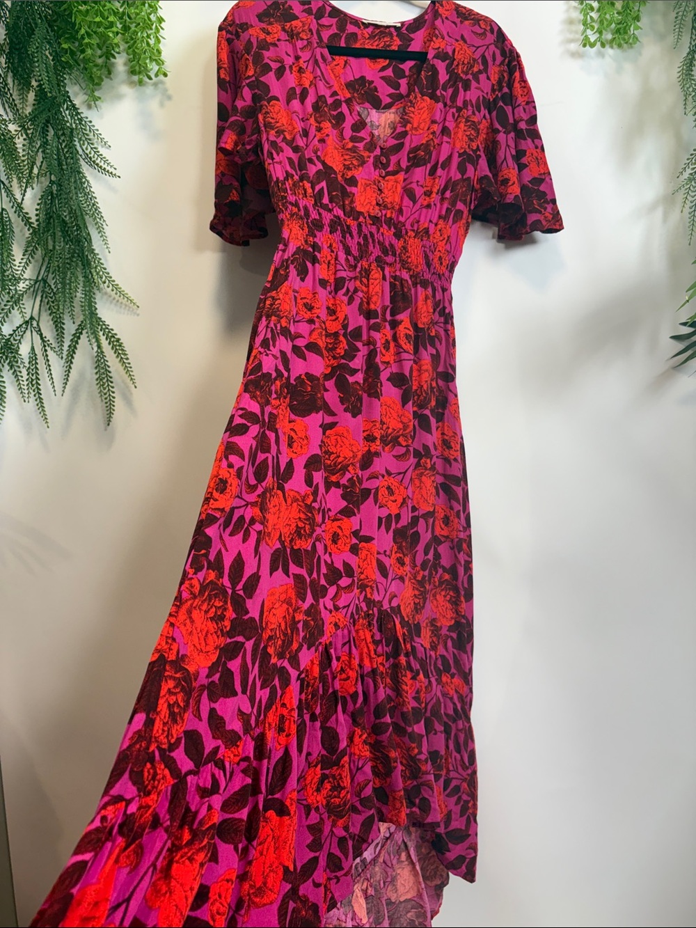 Floral Pink and Red Maxi Dress with V-Neck